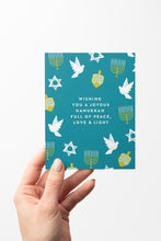 Load image into Gallery viewer, Peace, Love &amp; Light Hanukkah Card