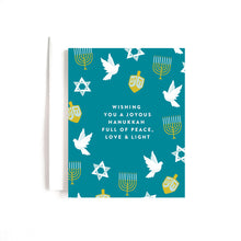 Load image into Gallery viewer, Peace, Love &amp; Light Hanukkah Card